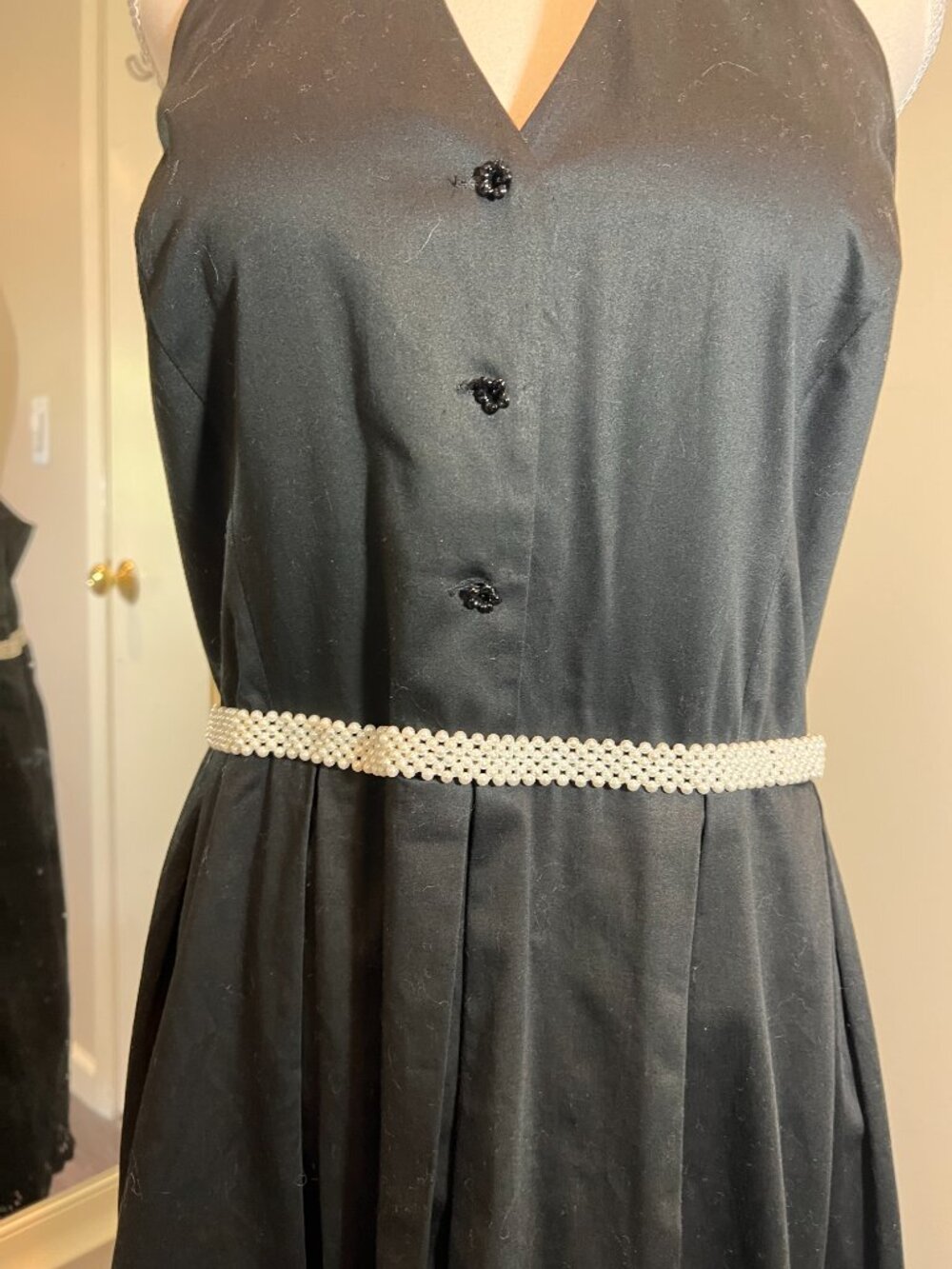 Vintage Black Halter Fit and Flare Dress with Pearl waistband, Size Large? - Picture 3 of 16
